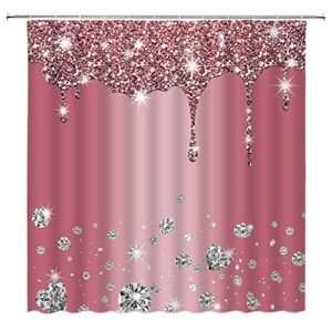 DSMEUE Glitter Diamond 4 Piece Shower Curtain Sets with Rugs，Pink Silver Shiny Drips Falling Bling Women Girl (No Glitter) 70" x 70" Bathroom Curtain and 17.8"x29.5" Bath Mat,Toilet Cover, U-Shaped