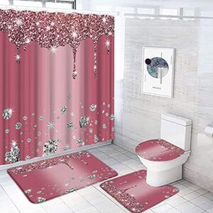 DSMEUE Glitter Diamond 4 Piece Shower Curtain Sets with Rugs，Pink Silver Shiny Drips Falling Bling Women Girl (No Glitter) 70" x 70" Bathroom Curtain and 17.8"x29.5" Bath Mat,Toilet Cover, U-Shaped