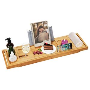 olebes bamboo bathtub caddy tray, expandable wood bath tray organizer with book and wine glass holder & cell phone slot for spa, bathroom & shower