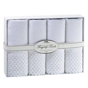 creative scents decorative fingertip towels for bathroom and powder room with gorgeous white lace - 4 pack - 11 by 18" - cotton velour towel set packaged in gift box for best holiday gift (white)