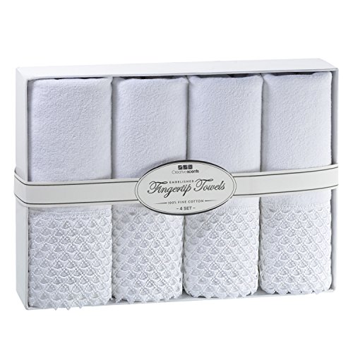 Creative Scents Decorative Fingertip Towels for Bathroom and Powder Room with Gorgeous White Lace - 4 Pack - 11 by 18" - Cotton Velour Towel Set Packaged in Gift Box for Best Holiday Gift (White)