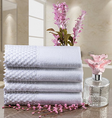 Creative Scents Decorative Fingertip Towels for Bathroom and Powder Room with Gorgeous White Lace - 4 Pack - 11 by 18" - Cotton Velour Towel Set Packaged in Gift Box for Best Holiday Gift (White)