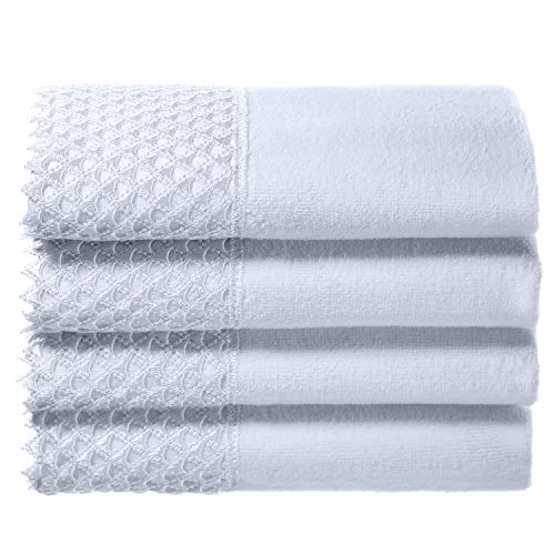 Creative Scents Decorative Fingertip Towels for Bathroom and Powder Room with Gorgeous White Lace - 4 Pack - 11 by 18" - Cotton Velour Towel Set Packaged in Gift Box for Best Holiday Gift (White)