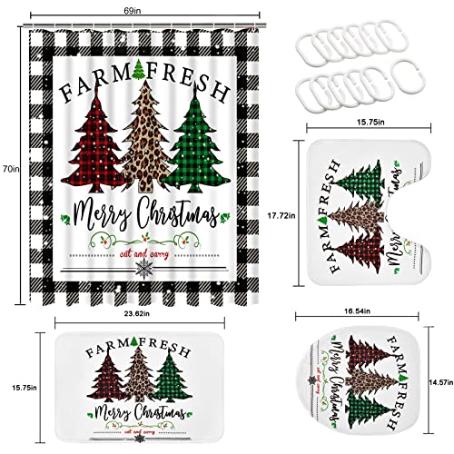 Likiyol 4 Pcs Merry Christmas Shower Curtain Sets with Non-Slip Rugs, Toilet Lid Cover and Bath Mat, Buffalo Plaid Shower Curtain with 12 Hooks, Winter Holiday Tree Shower Curtain