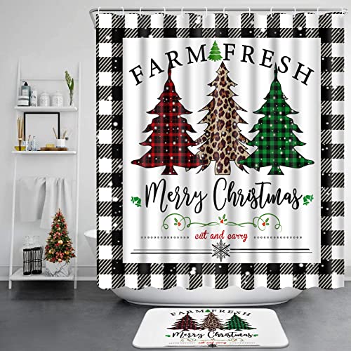 Likiyol 4 Pcs Merry Christmas Shower Curtain Sets with Non-Slip Rugs, Toilet Lid Cover and Bath Mat, Buffalo Plaid Shower Curtain with 12 Hooks, Winter Holiday Tree Shower Curtain