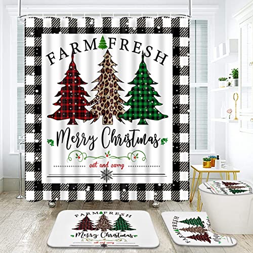 Likiyol 4 Pcs Merry Christmas Shower Curtain Sets with Non-Slip Rugs, Toilet Lid Cover and Bath Mat, Buffalo Plaid Shower Curtain with 12 Hooks, Winter Holiday Tree Shower Curtain