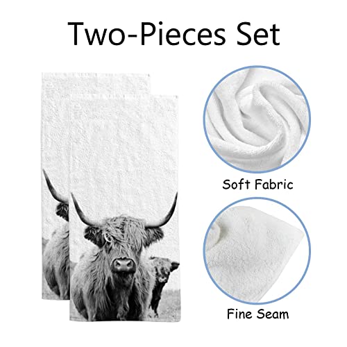 Vantaso Scottish Highland Cow Fingertip Hand Towels 2 PCS Set Absorbent Bath Face Towels Soft Hair Drying Cloth for Bathroom Kitchen Gym Spa Quick Dry, 30"x15"