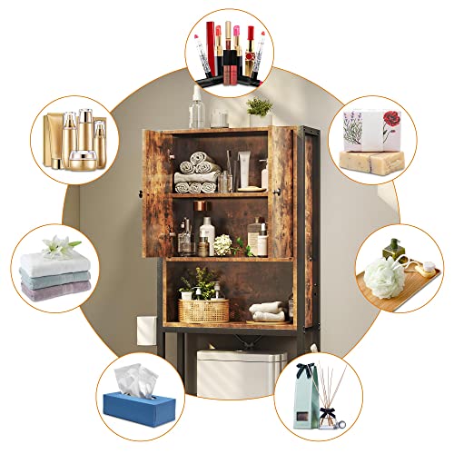 TC-HOMENY Over The Toilet Storage Rack with Cabinet, Multi-Tier Bathroom Space Saver with Adjustable Shelf, Bathroom Organizer Shelf Over The Toilet Storage Cabinet, Rustic Brown