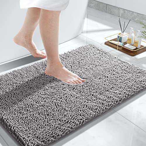 Yimobra Chenille Bathroom Rug, Extra Soft Shaggy Bath Rugs, Non-Slip Bathroom Floor Mat, Water Absorbent, Thick Durable, Machine Washable, Plush Microfiber Rugs for Shower Bathtubs, 24x17, Grey