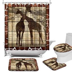 SiMiWOW 4 Pieces African Animals Giraffe in Forest Shower Curtain Set with Bath Mat Bath Rugs Bathroom Decoration