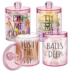 tuzazo 4 pack qtip holder apothecary jars with lids, 10 oz bathroom organizer storage canister set for cotton ball holder, cotton swabs, cotton round pads, floss, hair ties and hair pins, bathroom decor containers (clear pink)