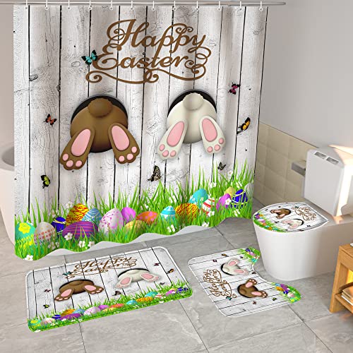 Casdseci 4Pcs Easter Bunny and Eggs Shower Curtains Set with Non-Slip Rugs, Toilet Lid Cover and Bath Mat, Cute Rabbit with Spring Flower Fabric Bathroom Curtain with 12 Hooks 72 x 72 Inch