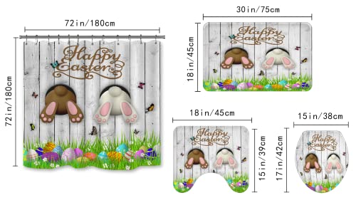 Casdseci 4Pcs Easter Bunny and Eggs Shower Curtains Set with Non-Slip Rugs, Toilet Lid Cover and Bath Mat, Cute Rabbit with Spring Flower Fabric Bathroom Curtain with 12 Hooks 72 x 72 Inch