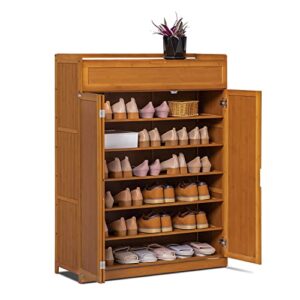 monibloom bamboo 7-tier shoe organizer cabinet with folding door pull-down compartment heels boots, hallway entryway, brown