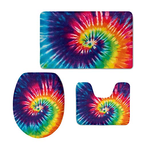 PZZ BEACH Abstract Rainbow Colorful Purple Tie Dye Pattern, 3 Pcs Bathroom Rugs Set, Absorbent Non Slip Bath Rugs+ Contour Mat+ Lid Cover