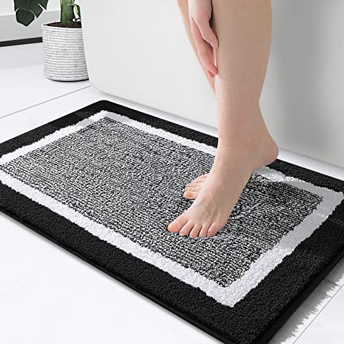 OLANLY Bathroom Rugs, Extra Soft and Absorbent Microfiber Bath Mat, Non-Slip, Machine Washable, Quick Dry Shaggy Bath Carpet, Suitable for Bathroom Floor, Tub, Shower (Black and White, 24 x 16 Inches)