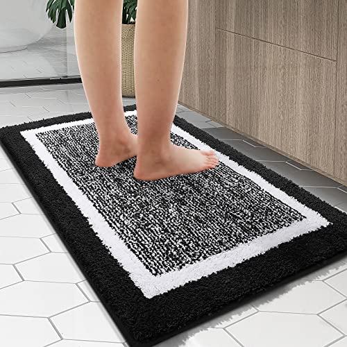 OLANLY Bathroom Rugs, Extra Soft and Absorbent Microfiber Bath Mat, Non-Slip, Machine Washable, Quick Dry Shaggy Bath Carpet, Suitable for Bathroom Floor, Tub, Shower (Black and White, 24 x 16 Inches)