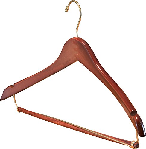 The Great American Hanger Company Curved Wood Suit Hanger w/Locking Bar, Box of 100 17 Inch Hangers w/Walnut Finish & Brass Swivel Hook & Notches for Shirt Dress or Pants