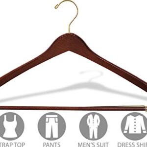 The Great American Hanger Company Curved Wood Suit Hanger w/Locking Bar, Box of 100 17 Inch Hangers w/Walnut Finish & Brass Swivel Hook & Notches for Shirt Dress or Pants