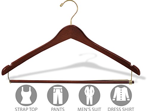 The Great American Hanger Company Curved Wood Suit Hanger w/Locking Bar, Box of 100 17 Inch Hangers w/Walnut Finish & Brass Swivel Hook & Notches for Shirt Dress or Pants