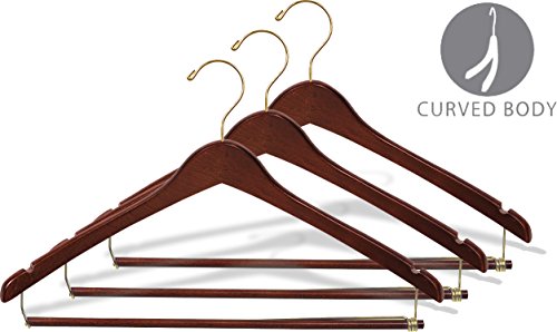 The Great American Hanger Company Curved Wood Suit Hanger w/Locking Bar, Box of 100 17 Inch Hangers w/Walnut Finish & Brass Swivel Hook & Notches for Shirt Dress or Pants