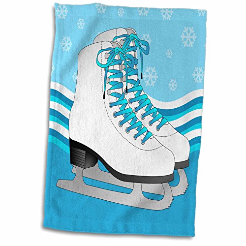 3D Rose Pair of Blue Ice Skates On Snowflake Background Hand/Sports Towel, 15 x 22