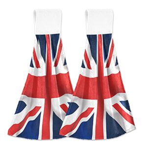 uk england flag union jack hanging hand towels 2 pack for kitchen bathroom, soft absorbent coral fleece tie towel thick microfiber dish towel washcloth machine washable with loop