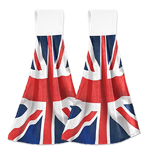 UK England Flag Union Jack Hanging Hand Towels 2 Pack for Kitchen Bathroom, Soft Absorbent Coral Fleece Tie Towel Thick Microfiber Dish Towel Washcloth Machine Washable with Loop