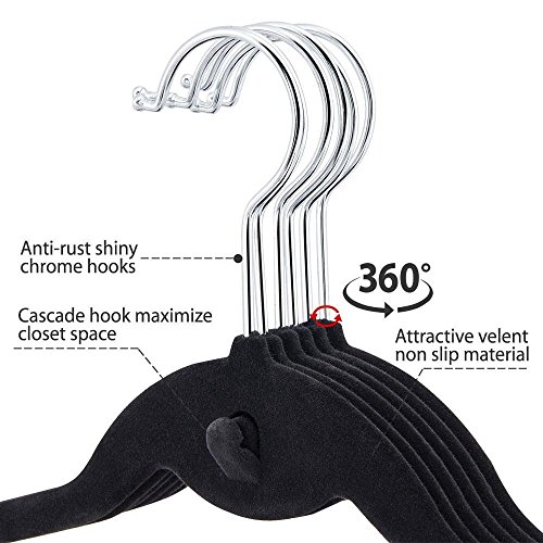 Topeakmart Premium Cascading Velvet Hangers 100 Pack - Non Slip Hangers with Cascading 360 Swivel Hooks Black-Space Saving Clothes Hangers