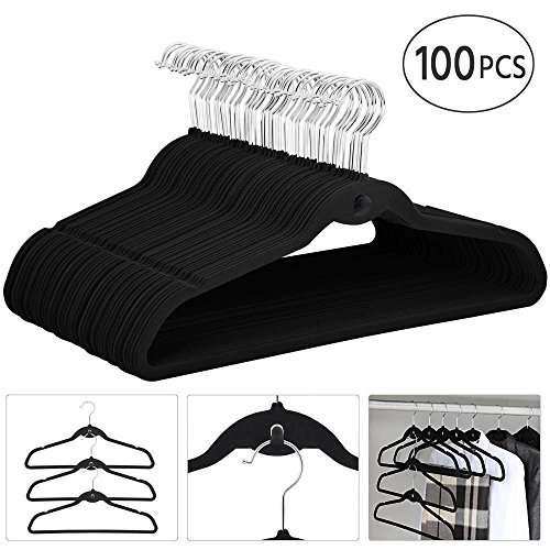 Topeakmart Premium Cascading Velvet Hangers 100 Pack - Non Slip Hangers with Cascading 360 Swivel Hooks Black-Space Saving Clothes Hangers