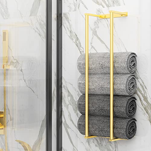 Birosnsy Towel Racks for Bathroom Wall Mounted Rolled Towel Holders Towel Storage Organizer for Small Bathroom Mounted Towel Rack Holds Hand Towels Robes Towels Washcloths in Bathroom/RV/Camper Gold