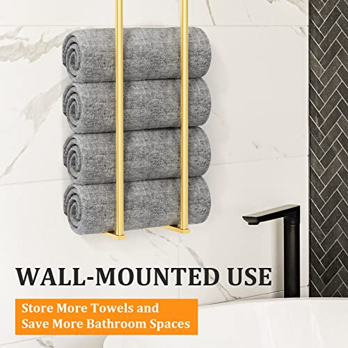 Birosnsy Towel Racks for Bathroom Wall Mounted Rolled Towel Holders Towel Storage Organizer for Small Bathroom Mounted Towel Rack Holds Hand Towels Robes Towels Washcloths in Bathroom/RV/Camper Gold