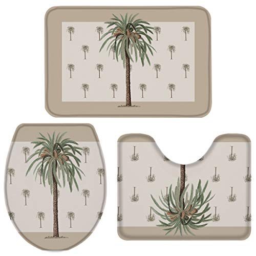 Fancyine 3 Pieces Bath Rugs Sets Tropical Palm Tree Soft Non-Slip Absorbent Toilet Seat Cover U-Shaped Toilet Mat for Bathroom Decor Summer Plant and Beach