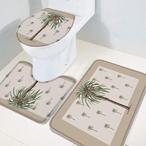 Fancyine 3 Pieces Bath Rugs Sets Tropical Palm Tree Soft Non-Slip Absorbent Toilet Seat Cover U-Shaped Toilet Mat for Bathroom Decor Summer Plant and Beach