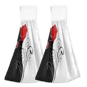 AUUXVA Hanging Hand Towels Beautiful Black White Red Rose Flower Kitchen Towels Absorbent Wipe Dish Towel Soft Washcloth Towels for Bathroom Gym Home Decor, 2 Pack