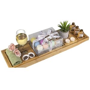 mother's day gifts from son, premium bamboo bathtub caddy tray gift set with bath bombs, shower gel, shampoo & bubble bath, luxury bathtub tray with book & wine holder, expandable tray to fit any tub