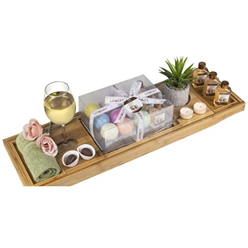 Mother's Day Gifts from Son, Premium Bamboo Bathtub Caddy Tray Gift Set with Bath Bombs, Shower Gel, Shampoo & Bubble Bath, Luxury Bathtub Tray with Book & Wine Holder, Expandable Tray to Fit Any Tub