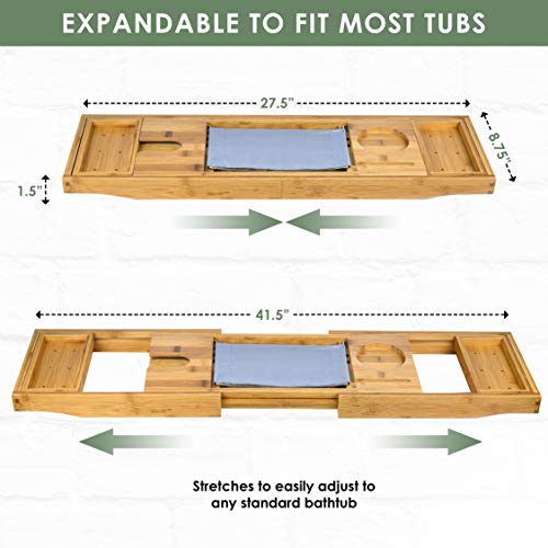 Mother's Day Gifts from Son, Premium Bamboo Bathtub Caddy Tray Gift Set with Bath Bombs, Shower Gel, Shampoo & Bubble Bath, Luxury Bathtub Tray with Book & Wine Holder, Expandable Tray to Fit Any Tub