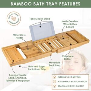 Mother's Day Gifts from Son, Premium Bamboo Bathtub Caddy Tray Gift Set with Bath Bombs, Shower Gel, Shampoo & Bubble Bath, Luxury Bathtub Tray with Book & Wine Holder, Expandable Tray to Fit Any Tub