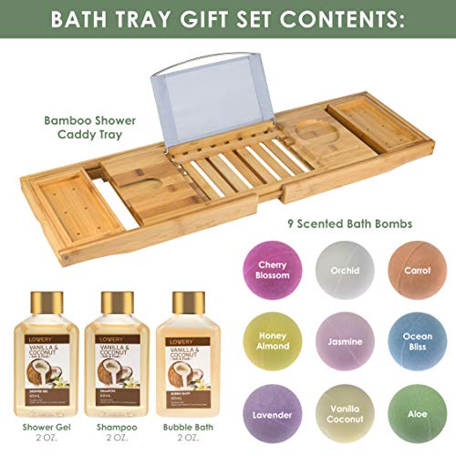 Mother's Day Gifts from Son, Premium Bamboo Bathtub Caddy Tray Gift Set with Bath Bombs, Shower Gel, Shampoo & Bubble Bath, Luxury Bathtub Tray with Book & Wine Holder, Expandable Tray to Fit Any Tub