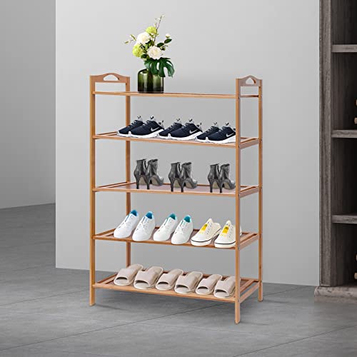 Bamboo Shoe Rack 5-Tier Shoe Storage Organizer Entryway Shoe Shelf (Brown)