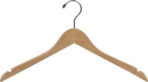wooden top hanger with natural finish, space saving 17 inch flat hangers with chrome swivel hook & notches for hanging straps (set of 25) by the great american hanger company
