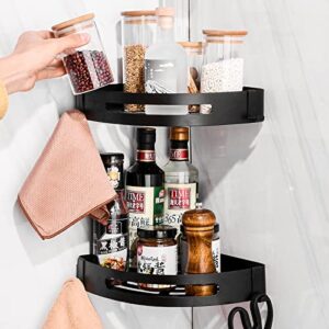 qcsjxx triangle shower corner caddy bathroom shower corner shelf with two hooks, self adhesive with glue or wall mount with screws,aluminum 2 tier storage shelves triangle baskets,black finish