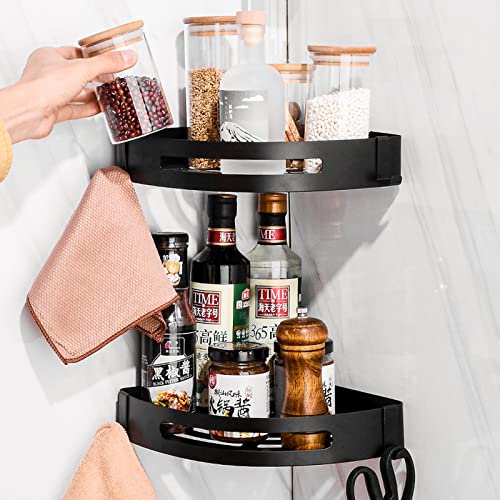 QCSJXX Triangle Shower Corner Caddy Bathroom Shower Corner Shelf with Two Hooks, Self Adhesive with Glue or Wall Mount with Screws,Aluminum 2 Tier Storage Shelves Triangle Baskets,Black Finish