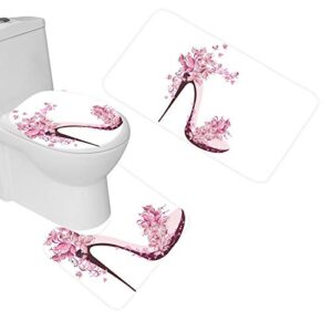 amagical pink butterfly and girls high heels shoe 3 piece bathroom mat set non slip bath mat contour mat toilet cover