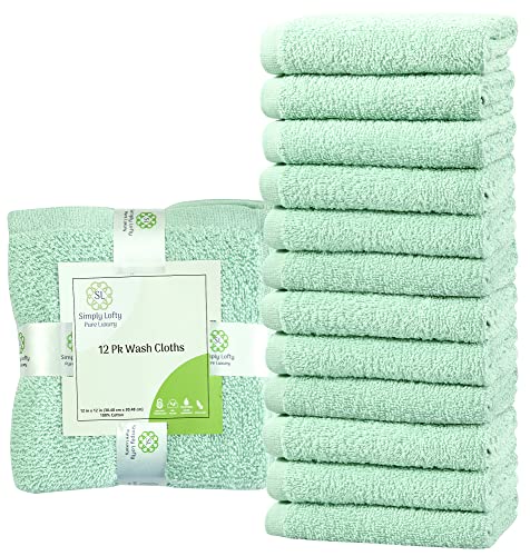 SIMPLY LOFTY Cotton Washcloths 12” x 12” (12 Pack) Premium Fingertip Towels Highly Absorbent Facial Towels for Bathroom 100% Ring Spun Cotton Wash Cloth Set (Aqua Mint)