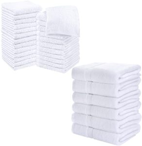 utopia towels premium bundle - 1 cotton washcloths white (12x12 inches), pack of 24 with 1 medium cotton towels, white, (24 x 48 inches), pack of 6