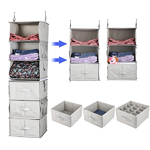 YTYBMW 6 Shelves - Hanging Closet Organizer with 3 Drawers and 4 Side Pockets for Hanging Closet Shelf Storage, Foldable Closet Organizer (Gray)