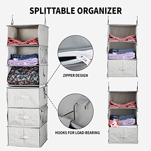 YTYBMW 6 Shelves - Hanging Closet Organizer with 3 Drawers and 4 Side Pockets for Hanging Closet Shelf Storage, Foldable Closet Organizer (Gray)