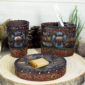 ebros gift rustic western old world country blue cross with concho and nailheads in faux distressed wood finish with floral patterns (tumbler cup, soap dish and toothbrush holder set of 3)